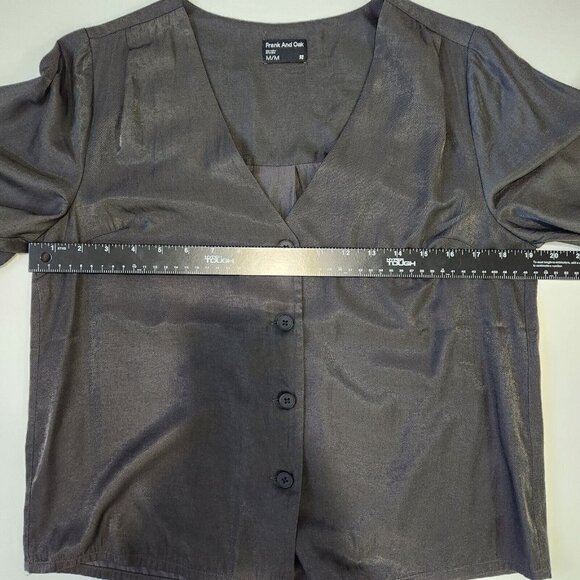 Frank And Oak Button Front Blouse Womens M Black V-Neck Flutter Short Sleeve - Picture 5 of 8
